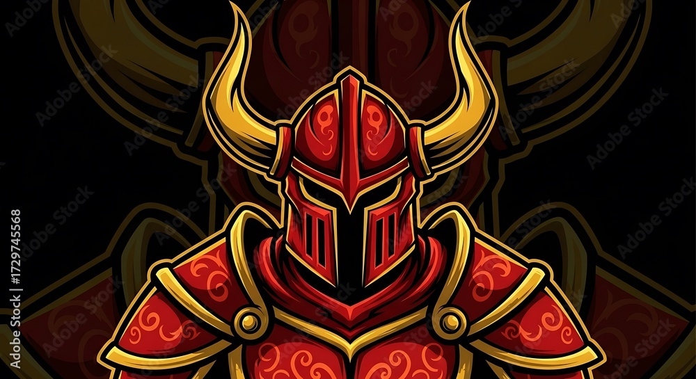 Fototapeta premium Red Knight with Horned Helmet - A Powerful Warrior Illustration.