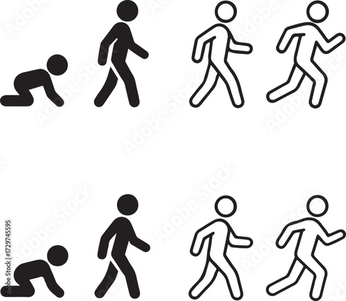 Human Growth icon set, crawl walk run fly icons, growth progress symbols, human evolution design, stick figure vector, black outline minimal style, editable personal progress achievement icons