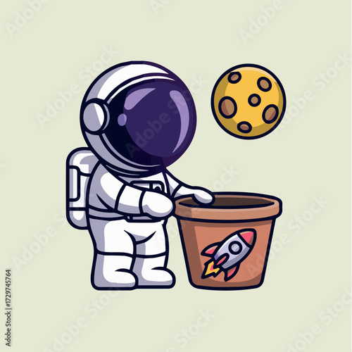 vector concept for astronaut in white space suit planting rocket on moon with bucket and spacecraft illustration