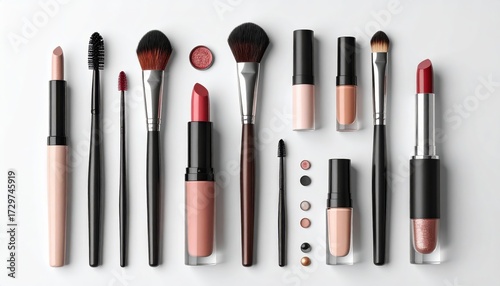 Assortment of cosmetic applicators and makeup products arranged on a clean, bright white surface, offering a diverse collection of brushes, lipsticks, and other beauty essentials, exhibiting a  style.