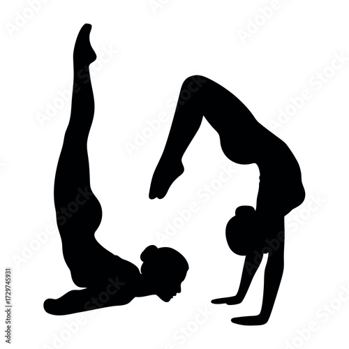 Two silhouetted gymnasts performing acrobatic poses against a white background