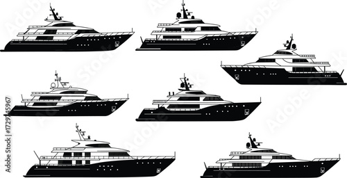 Silhouette of yachts, luxury boat illustration, marine vessel icons, nautical vector design, black ship shapes, sea travel symbols, ocean transport graphic