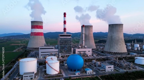 Wallpaper Mural Aerial view of a large industrial power plant with cooling towers emitting steam against a twilight sky and surrounding landscape Torontodigital.ca