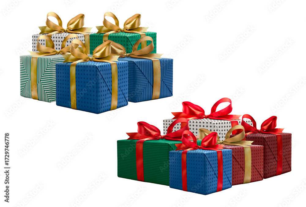 Obraz premium elegant stacks of wrapped gift boxes with decorative ribbons and bows