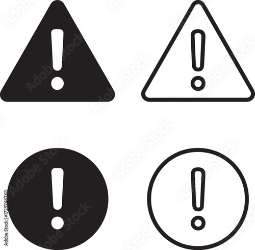 Warning Exclamation icon set, warning icons solid black, exclamation sign outline, hazard alert minimal, thin stroke warning vector, editable warning design icons, professional safety alert symbols