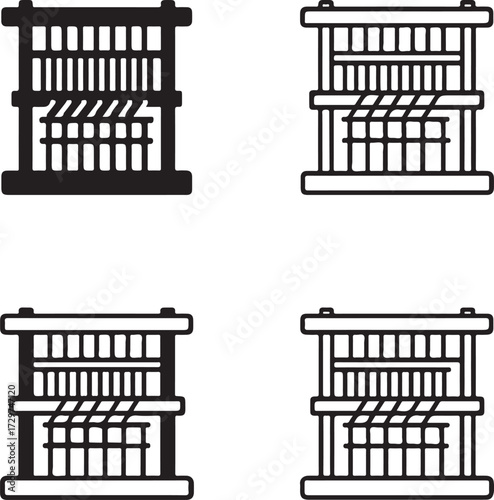Weaving Loom icon set, weaving loom icons solid black, textile loom outline, fabric production minimal, thin stroke loom vector, editable loom design icons, professional textile craftsmanship pack
