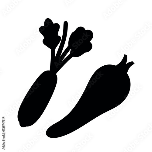 Simple black silhouette of two root vegetables with green tops