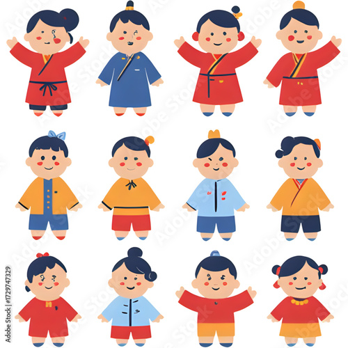Set of nine cute three-dimensional cartoons in various poses wearing traditional South Korean clothing.
