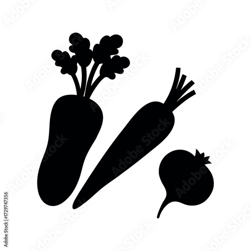 Silhouettes of root vegetables including carrots and a radish on a white background