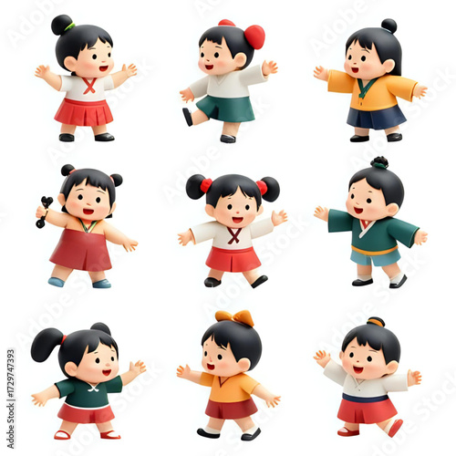 Set of nine cute three-dimensional cartoons in various poses wearing traditional South Korean clothing.
