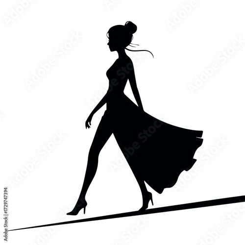 Silhouette fashion model walking runway in elegant dress vector illustration design element art