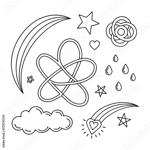 Collection of hand drawn celestial and love elements