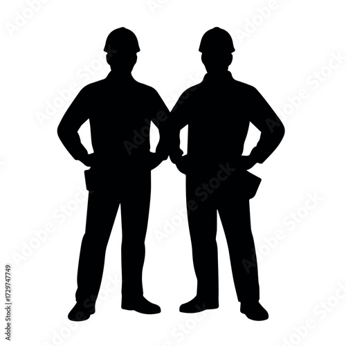 Silhouette of construction workers builders contractor team wearing hardhats standing confidently posing together