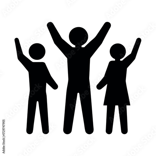 Three silhouetted figures celebrating with arms raised in joyful exuberance