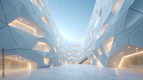 Abstract Modern Architectural Interior with Geometric White Walls and Warm Lighting