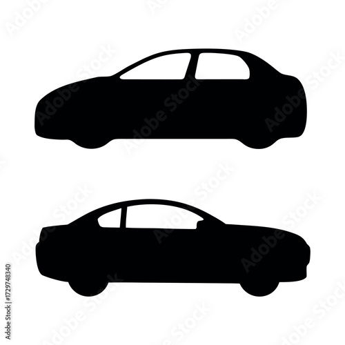 Two silhouetted cars side view isolated on white background
