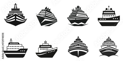 Black Cruise Ship Icons Set Passenger, Cargo, Marine, Sailing, Travel Silhouettes