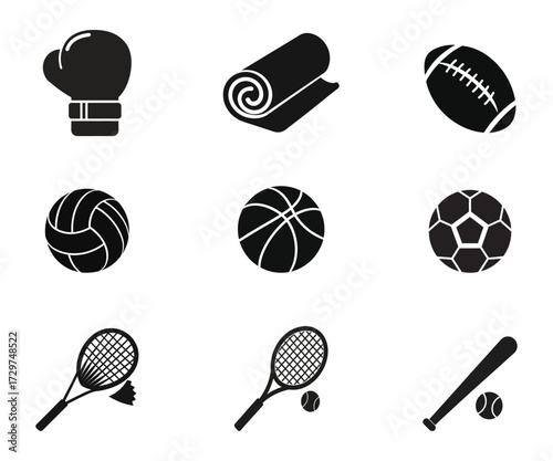 Black Sports Silhouette Icons Set Boxing, Yoga, Football, Volleyball, Basketball, Soccer, Tennis, Baseball