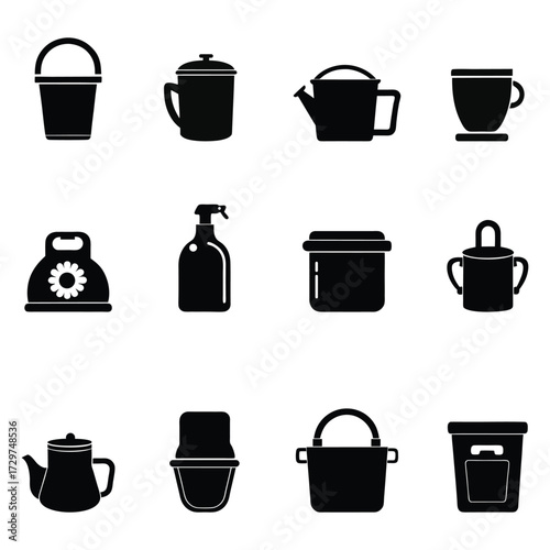 Household Kitchen and Cleaning Item Silhouette Icons Collection Buckets, Cups, Kettle, Spray, Containers