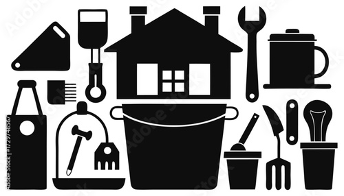Silhouette Icons of Household Cleaning Tools, Gardening Equipment, and Utility Supplies