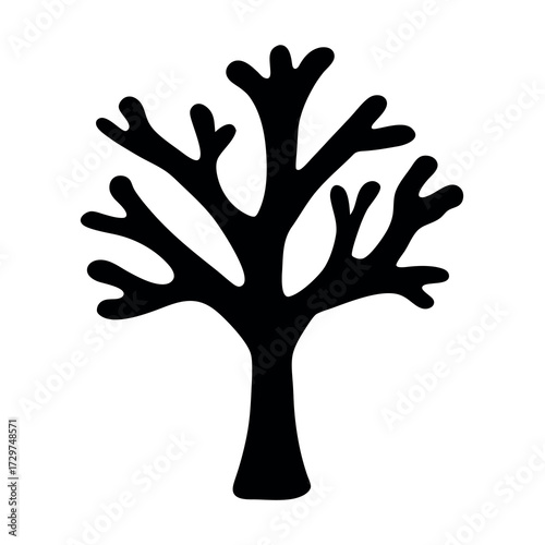Stylized black silhouette of a bare tree with branching limbs