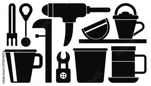 Silhouette Icons of Household Cleaning Tools, Kitchen Utensils, and Gardening Equipment