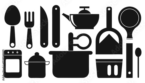 Silhouette Icons of Kitchen Utensils, Cooking Tools, and Household Cleaning Supplies