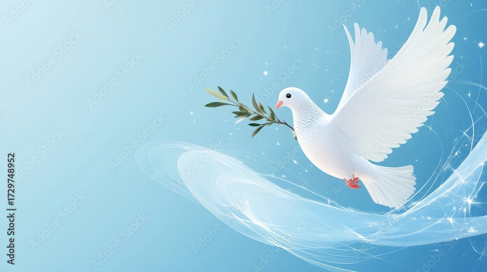 Fototapeta premium Clean banner featuring stylized white dove carrying an olive branch, subtle nuclear symbol watermark crossed out, gradient blue background with headline space