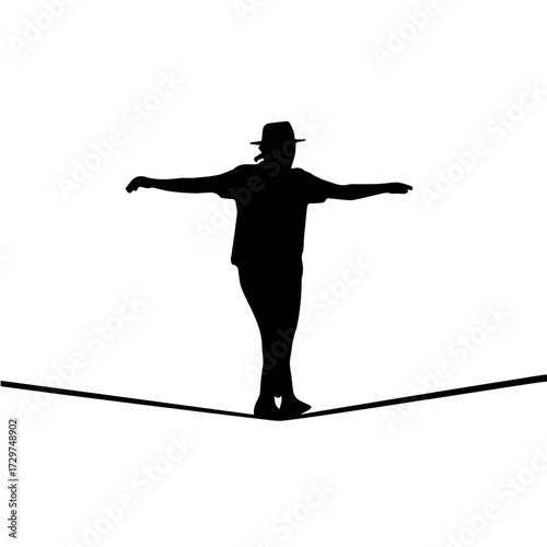 Silhouette of tightrope walker balancing act performer circus artist on rope for balance and skill challenge