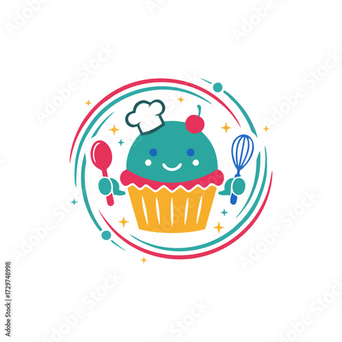 Creative Cake Shop Logo Flat Design with Cupcake Pastry Vector Cute Sweet Dessert Emblem for Bakery Cafe and Gourmet Food Brand Perfect for Restaurant Identity and Confectionery Store Branding