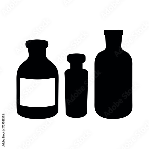 Three silhouetted glass vials of varying sizes against a white background