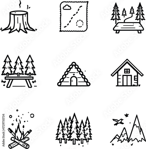 🌲 Title (120 characters): Camping & Nature Scene Doodle Set – Black and White Vector Illustrations of Cabins, Campfires, Trees, and Outdoor Landscapes