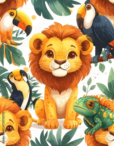 Adorable lion cub surrounded by toucans and an iguana amidst tropical foliage