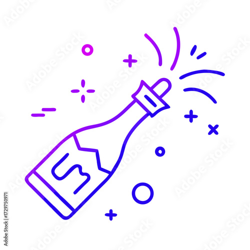 Popping champagne bottle icon in celebratory line art style 
