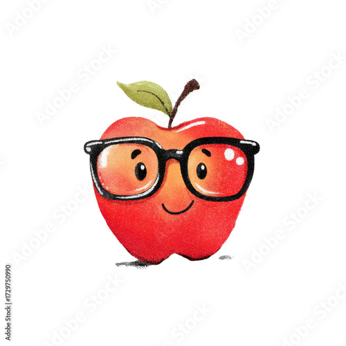 Cheerful red apple wearing black framed glasses and green leaf image