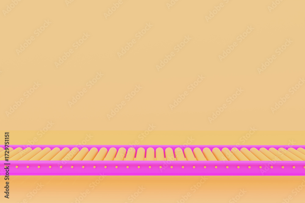 Fototapeta premium abstract colorful background. 3D render pink roller conveyor machine with yellow rollers on orange. Modern warehouse equipment, factory automation, logistics production line.