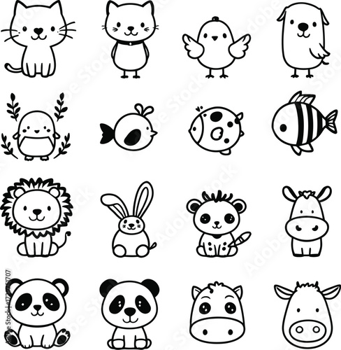 Cute Animal Icon Doodle Set – Black and White Vector Illustrations of Cartoon Pets, Wildlife, and Farm AnimalTransportation Icon Doodle Set – Black and White Vector Illustrations of Vehicless for Kids