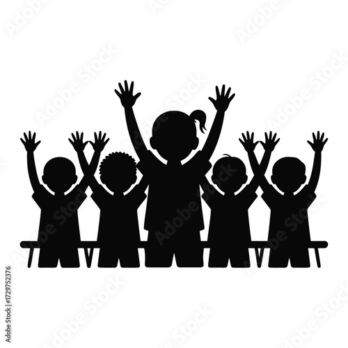 Enthusiastic cheering crowd silhouette illustration with hands in the air