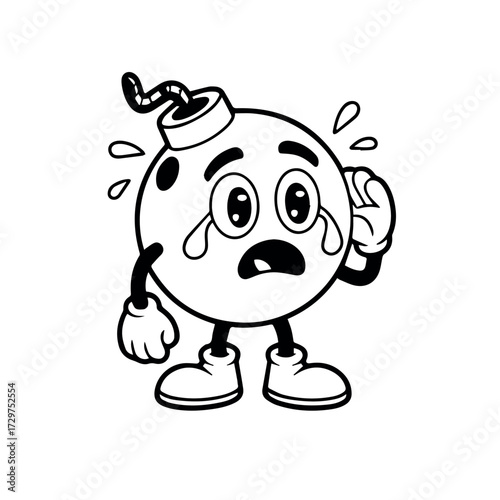 Cartoon bomb character crying illustration vector art drawing design element graphic black and white outline