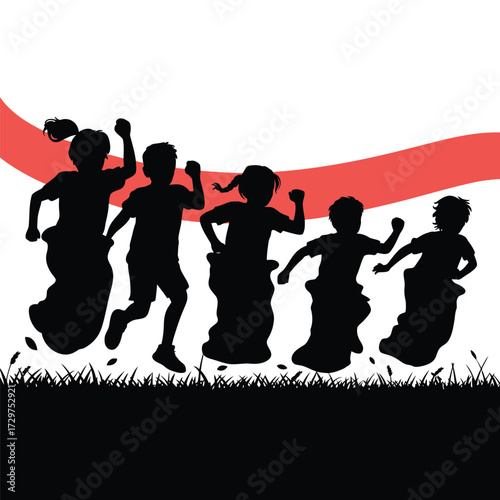 Children Enjoying a Sack Race Silhouette Against a Red and White Background Symbolizing Fun, Playfulness and Unity