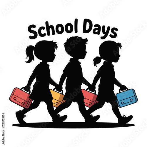 Children Walking to School with School Bags Illustration Silhouette