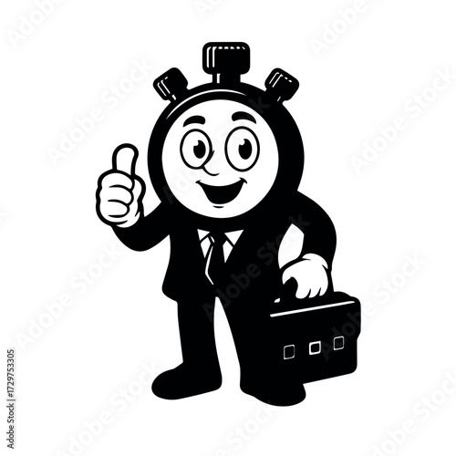 Illustration of a stopwatch character in a suit with a briefcase for time management and deadlines
