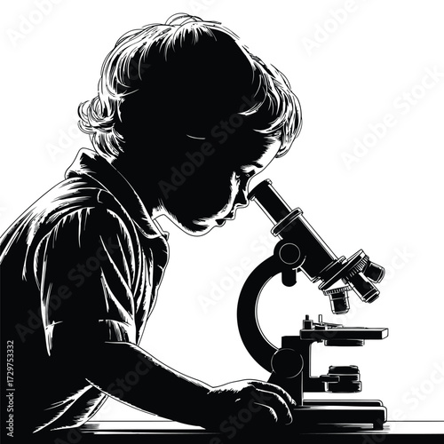 Child scientist looking at microscope science education and childhood