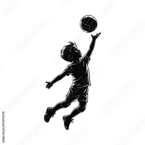Silhouette of a Boy Reaching for a Volleyball Mid-Air
