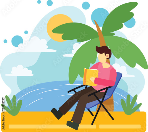 Man reading book under palm at sunny beach illustration