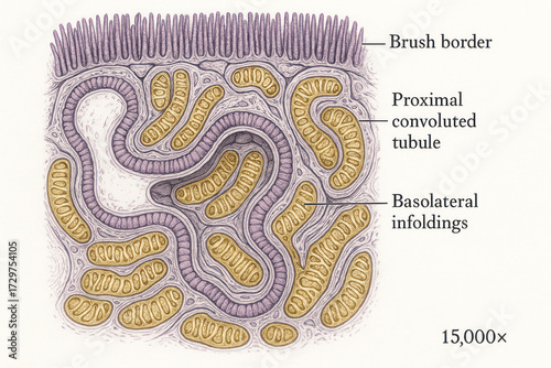 Microscopic view of a kidney proximal convoluted tubule with brush border and basolateral infoldings, 15,000x magnification