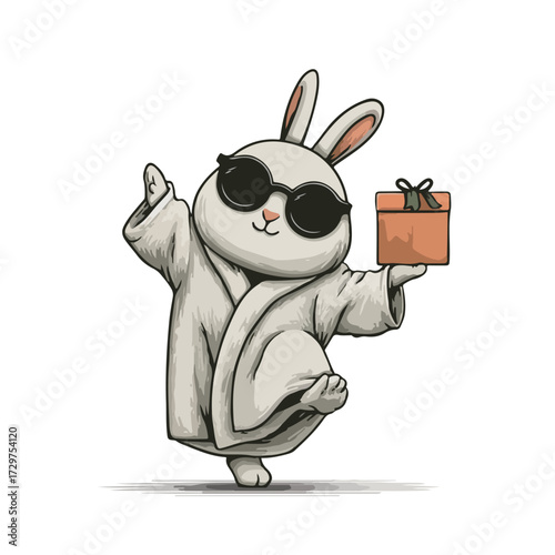 The mischievous rabbit wearing sunglasses is dressed in a Halloween ghost robe, holding a gift box in his hand