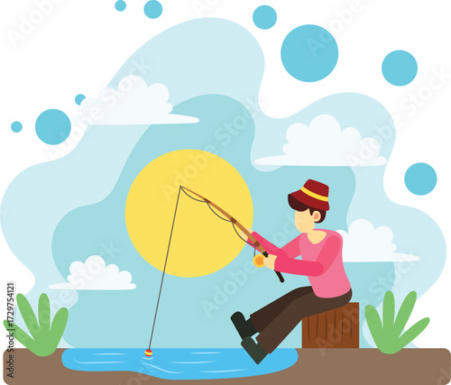 Man fishing peacefully near the lake illustration
