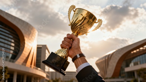 Hand Holding Trophy Against Modern Architecture Background