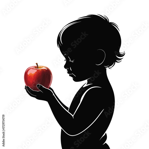 Silhouette of a Child with an Apple Symbolizing Innocence, Curiosity, and the Start of a New Journey
